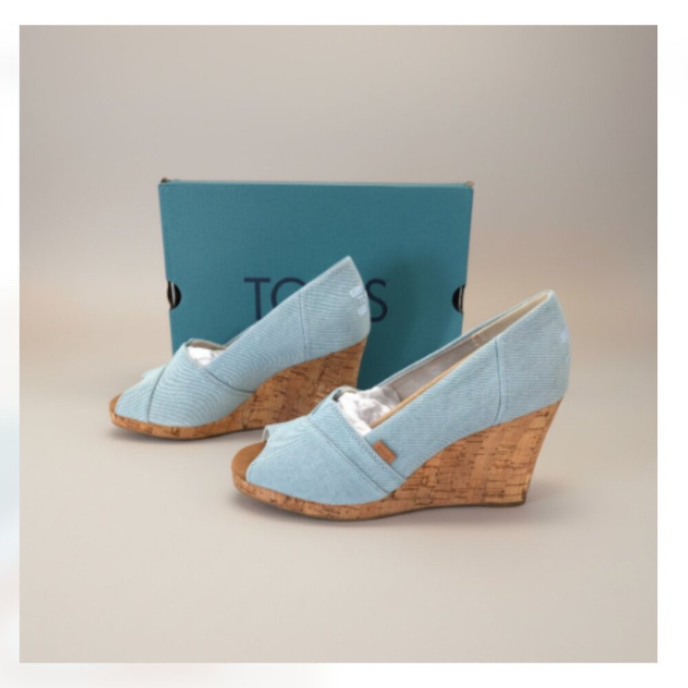 NEW TOMS Blue Espadrille Wedge Peep Toe Sandals Size 5.5 Denim
